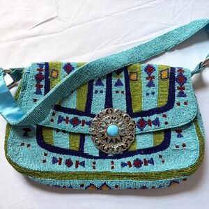 Christiana Beaded Shoulder Bag Purse - Turquoise with Stripes
